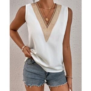 New Boho crochet lace tank top, v neck, sleeve less, XXL, white